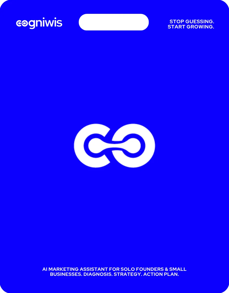 Visuel 1 sur 9 : logo CogniWis, « Stop guessing. Start growing. AI marketing assistant for solo founders & small businesses. Diagnosis. Strategy. Action plan. »
