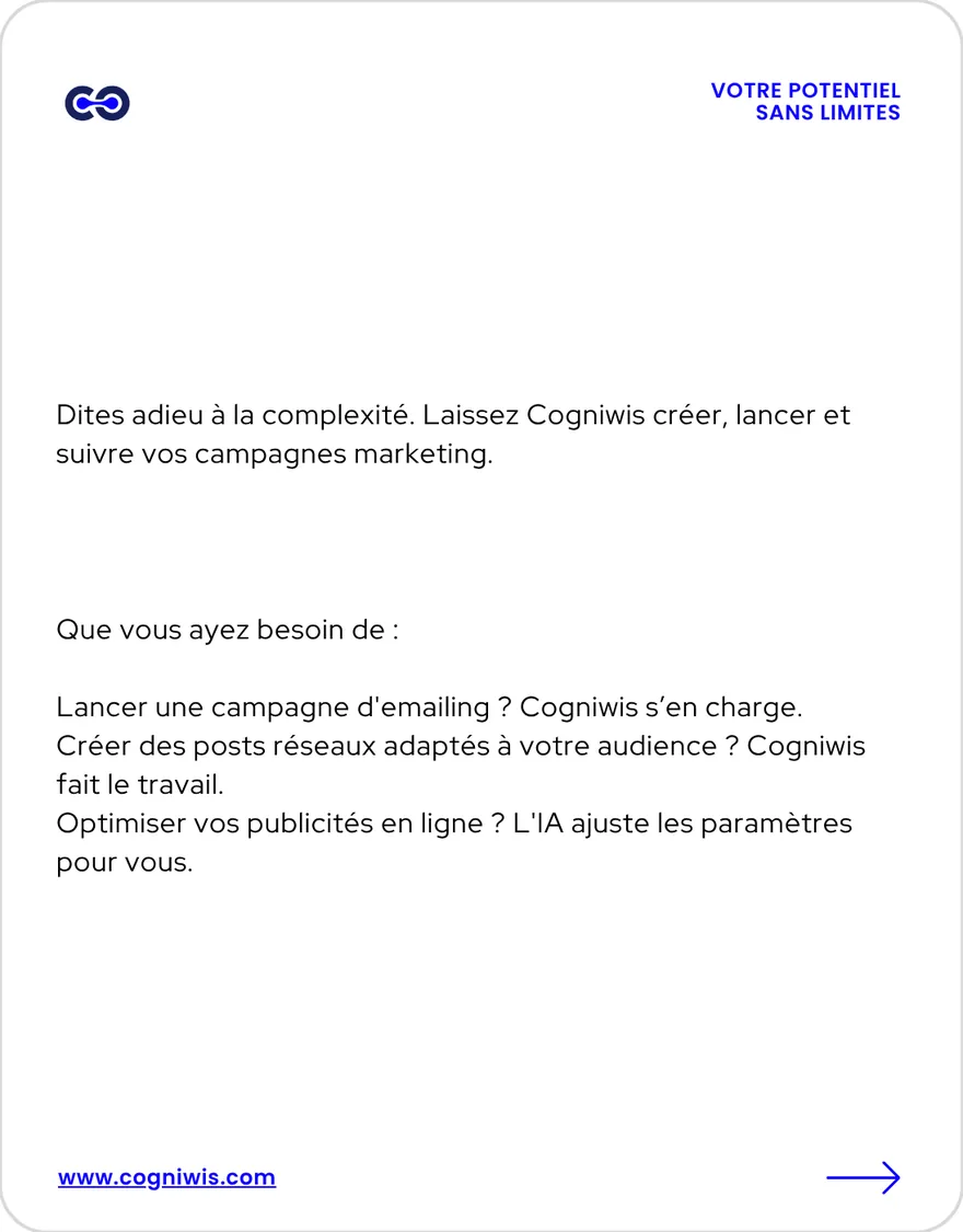 Visuel 8 sur 9 : « Dites adieu à la complexité », avec des exemples d'actions marketing : emailing, posts réseaux sociaux, publicités en ligne.
